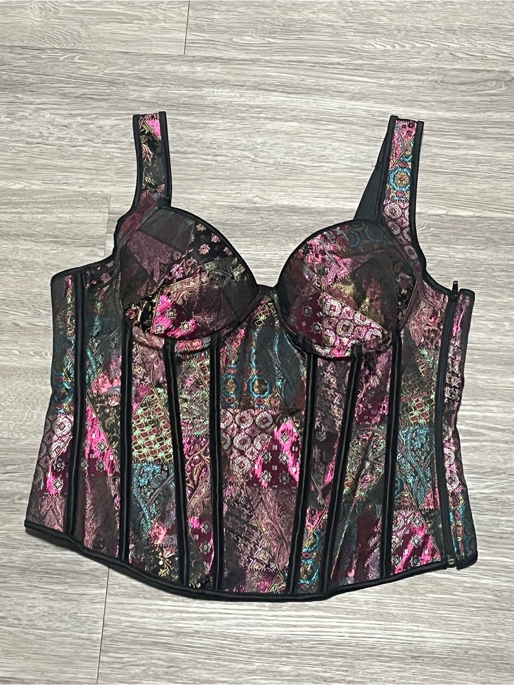 Patchwork Brocade Corset Bustier Top 2XL Lace Up Boned Corset Renaissance Gothic